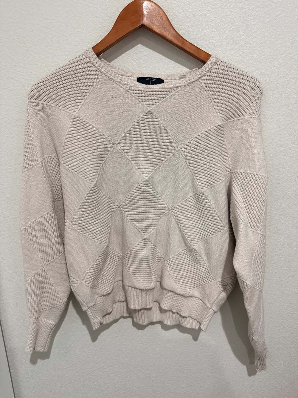 Tahari Cream Diamond Textured Knit Crew Neck Long Sleeve Sweater